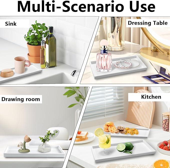 2 Pack Bathroom Tray Countertop, Large 12'' Shatterproof Silicone Vanity Tray Rectangular Toilet Tank Tray, Soap Dispenser Tray Sponge Holder for Kitchen Sink (White)