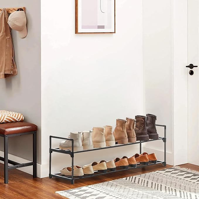 Shoe Rack - Metal Shoe Rack Organizer - Stackable Shoe Storage Shelf for Entryway, Closet, Bathroom 30cm(D) x 92cm(W) x 55cm(H) -Black (2-Tier)