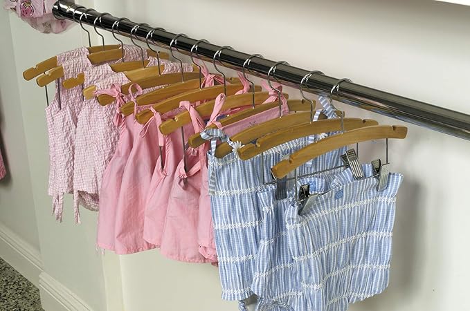 Wooden Kids Combo Hanger w/Adjustable Cushion Clips, Box of 50 12 Inch Wood Top Hangers w/Natural Finish & Chrome Swivel Hook for Childrens Clothes