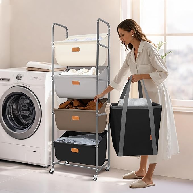 STORAGE MANIAC Vertical Rolling Laundry Hamper, 4 Section Laundry Sorter with Wheels and 2 Breaks, 4-tier Laundry Baskets for Small Space, Dorm, Laundry Room, Closet, Multicolored 4-tier