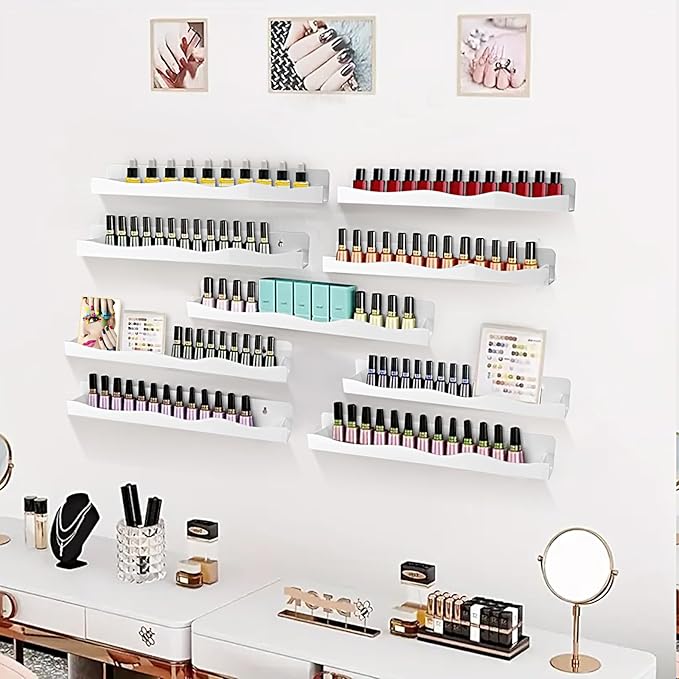 Nail Polish Wall Rack, 6-Shelf 15-Inch White Acrylic Nail Polish Shelves with Removable Ends – Multi-Purpose Shelf for Essential Oils, Cosmetics Storage and Display for Salons and Bathrooms