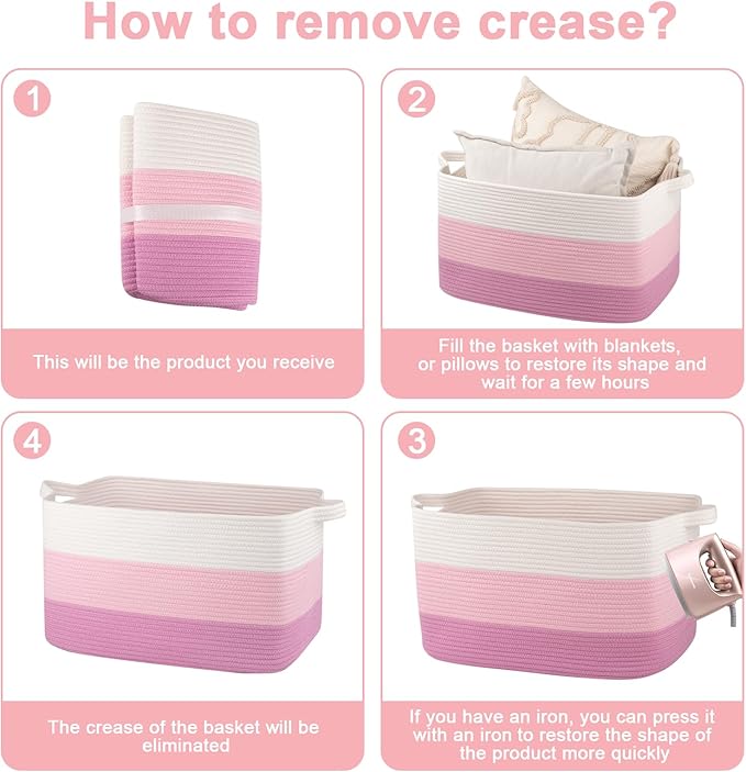 OIAHOMY Large Blanket Basket, 65L Cotton Rope Woven Laundry Basket, Toy Bin for Baby Room, Container for Blanket Storage in Living Room, 20''×16''×12'', Gradient Pink