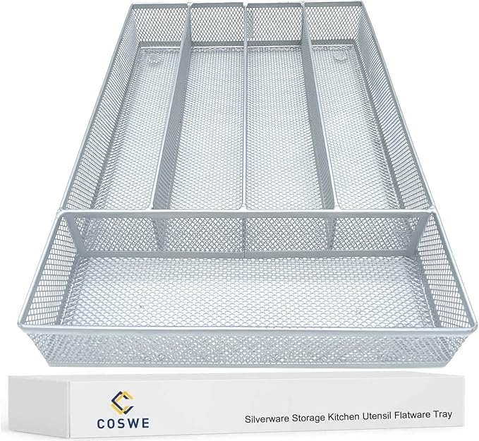 COSWE Silverware Tray for Drawer, Silverware Organizer, Metal Drawer Organizer Kitchen Utensils with Foam Feet Multi Compartments Cutlery Organizer in Drawer