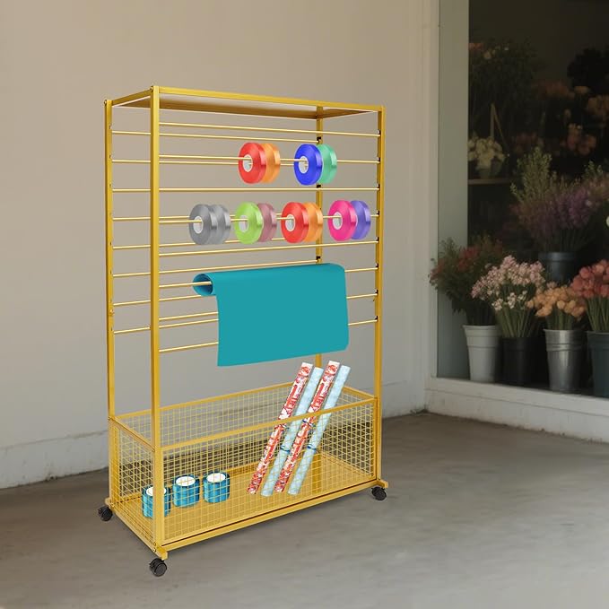 Commercial Ribbon Holder Organizer w/ 16 Rods & Locking Wheels - 59" Mobile Craft Storage for Florists, 4-Tier w/Mesh Basket (Gold, 39.37 * 12.6 * 59.06in)