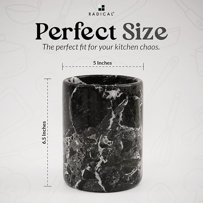 Radicaln Marble Utensil Holder 6.5" Inches Black Handmade Spatula Set for Kitchen Counter, Cooking Utensils Jar & Kitchen Essentials Organizer, Ideal Utensil Caddy & Spoons Holder