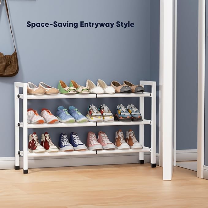 Abiglifty 3-Tier Expandable Shoe Rack,17"-33" Adjustable Shoe Rack for Closet,Metal Shoes Shelves for Front Door Entrance, Garage & Corridor, Free Standing Shoe Holders, Easy to Assemble,White