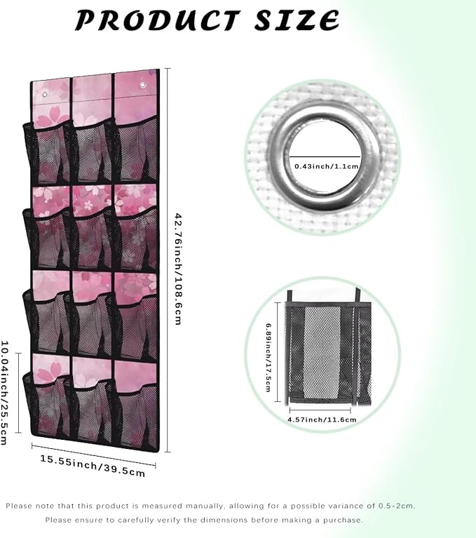 Cherry Blossom Over the Door Shoe Organizer,Shoe Organizer Door Hanger,Space Saver Shoes Hanger Storage Organizer Bag with 12 Mesh Large Pockets