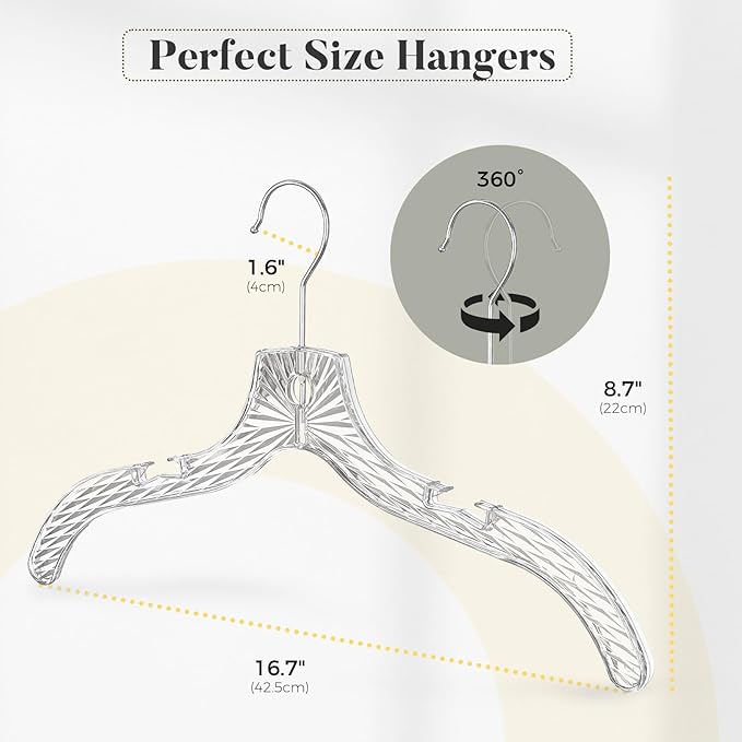 HOUSE DAY Clear Plastic Hangers 12 Pack, Durable Crystal Hangers for Clothes, Light Weight Plastic Dress Hanger for Women, Versatile 16.7‘’ Hanger for Closet and Retail Use, with 360° Swivel Hook