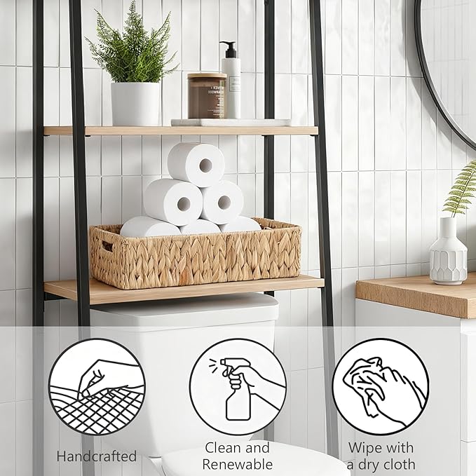 Toilet Tank Basket,Water Hyacinth Woven Storage Basket with Handles for Bathroom Organization - Toilet Paper Holder & Storage Bin, Handwoven Natural Basket (2-Pack)