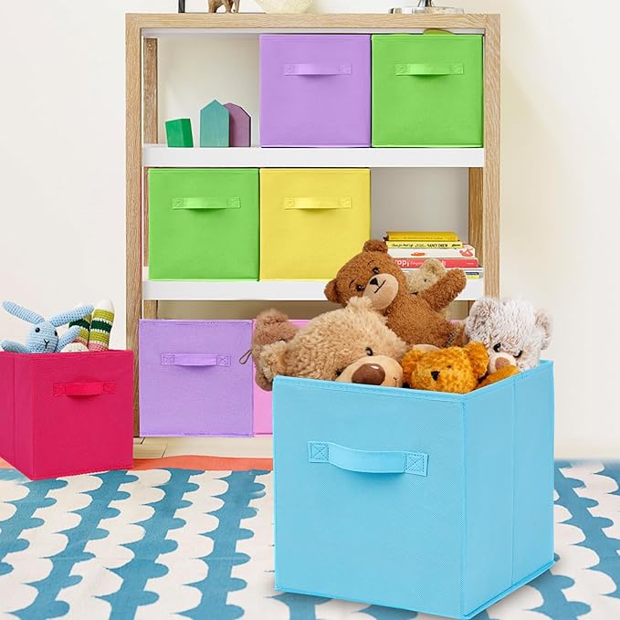 6 Pack Fabric Storage Bins, 10.6 Inch Colorful Cloth Organizer Baskets, Foldable Fabric Storage Cubes with Handles, Multi Colored Collapsible Bins for Toys Closet Bedroom Living Room(6 Color)