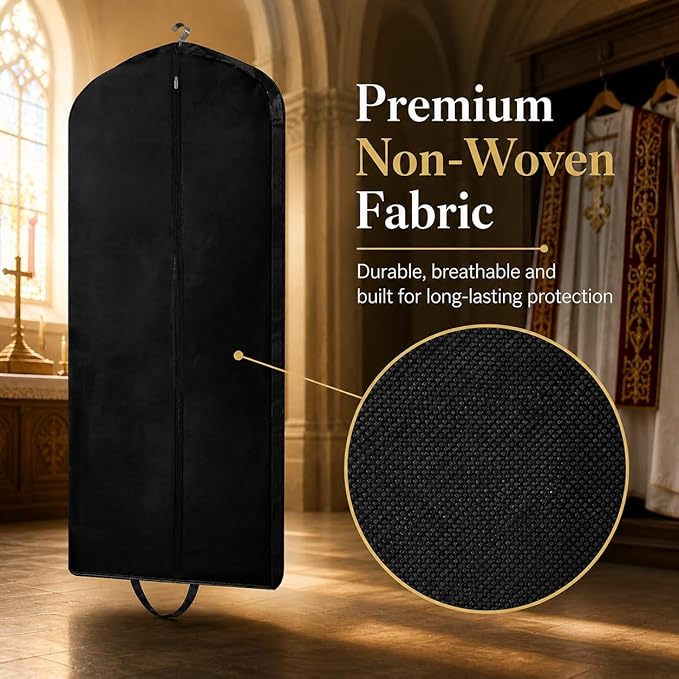 Clergy Robe Garment Bag, Black Vestment Cover for Hanging Clothes, Deacon Preacher Travel Storage Bag (Black, 60 Inch)