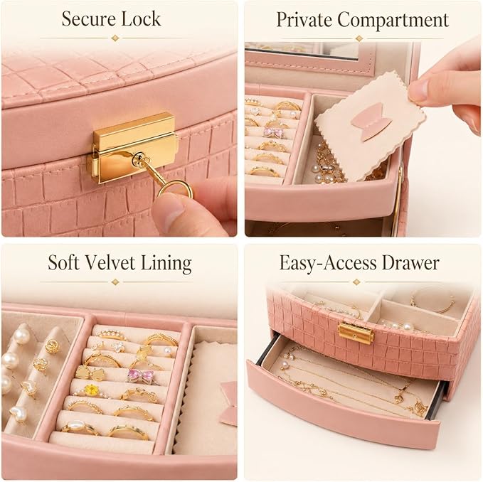 Elegant 3 Layer Lockable Jewelry Box for Women – Mirrored Jewelry Organizer with Key & Drawer, Travel Friendly PU Leather Storage Case,Gift for Wife, Mom, Daughter (Pink)