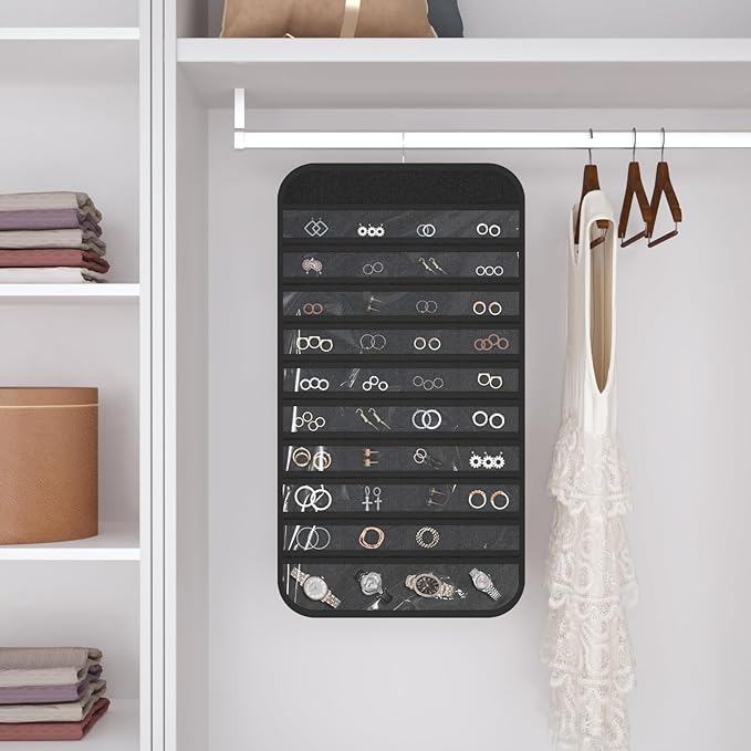 2-Pack Hanging Jewelry Organizer Storage, 40 Pockets 36 Hooks Necklace Earring Necklace Bracelet Ring Organizer, Double - Sided Design, Black