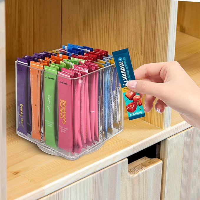 Drink Packet Organizer For Powdered Drink Mix,Powder Packet,Water Packet,Water Flavor Packet,Lazy Susan Organizer Rotating Holder for Drink Mix Necessities(Square)