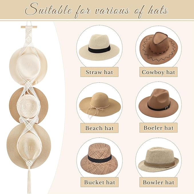 Dahey Macrame Hat Hangers Hat Rack for Wall Cowboy Hat Organizer Hanging Display Hand Weaving Bobo Hat Holder Western Decor for Wide Brim Hats Bowler Fedora Hats