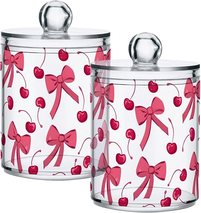 ALAZA 4 Pack Qtip Holder Dispenser Pink Cherry Bow Cotton Ball Cotton Swab Round Pads Floss Clear Bathroom Storage Containers Plastic Apothecary Jars with Lids