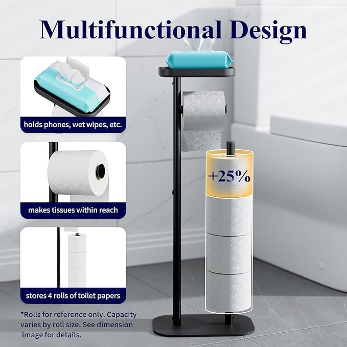 Kitsure Toilet Paper Holder Free Standing – Rustproof Metal Toilet Paper Stand for 4 Rolls with Anti-Slip Base and Shelf for Phone & Small Items, Bathroom Organizers and Storage, Large, Black