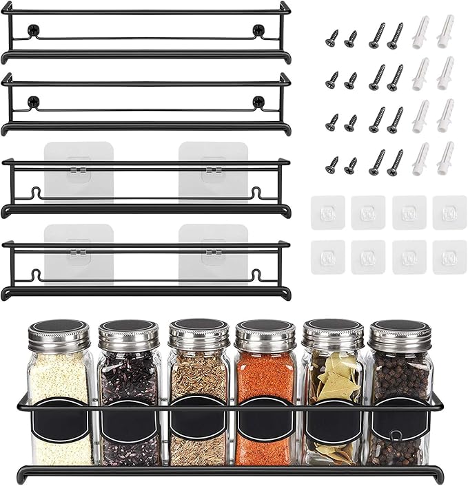Spice Rack Wall Mounted 4 Tier – Space-Saving Kitchen Spice Organizer for Seasonings – Screw or Adhesive Hanging – Wall Mount Hanging Spice Rack for Wall, Cabinet, Pantry Door 2.5x 2.5x11.5 in