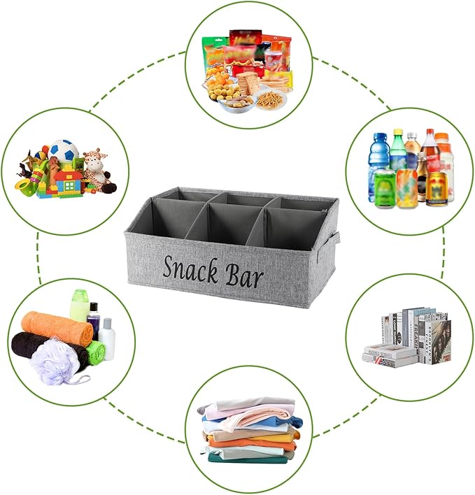 Snack Organizer for Countertop, 6 Compartment Snack Bin with Side Handles, 2 Pack Fabric Snack Basket Container, Lightweight Snack Bar Station Organizer, Kitchen Pantry Storage - Gray