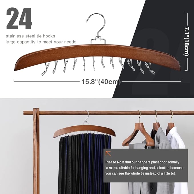 Tie Rack 2Pcs Tie Racks for Men Closet 24 Hooks, Wooden Tie Organizer with Upgraded 360°Rotating, Scarves Accessories Closet Organizer for Bras,Tank Tops,Camisoles etc.Walnut…