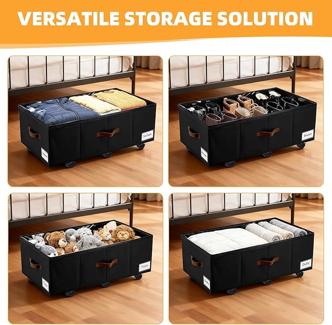 Under Bed Storage with Wheels,Underbed Storage with Sturdy Sidewalls/Bottom, Clear Cover, Label and PU Handle, Rolling Under Bed Drawers for Clothes, Shoes, 11 Inch Height,Black, 4 Pack