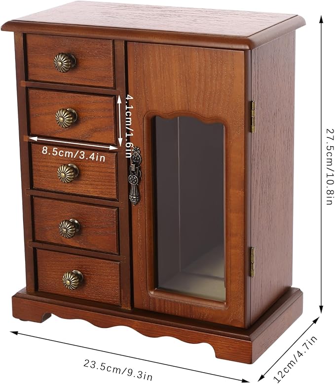 Wooden Jewelry Box, Jewelry Organizer with 5 Drawers, Large Storage Space Desktop Jewelry Storage Box with Anti-Slip Feet,for Organizing Necklaces, Bracelets, Earrings (Dark Wood Color)