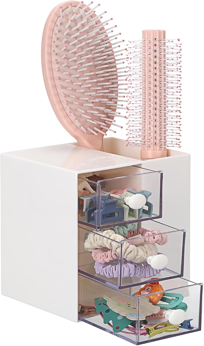 Hair Accessories Organizer with Hair Brush Holder Cosmetic Storage Case with Drawer for Makeup Sponge Plastic Desktop Organizer, White