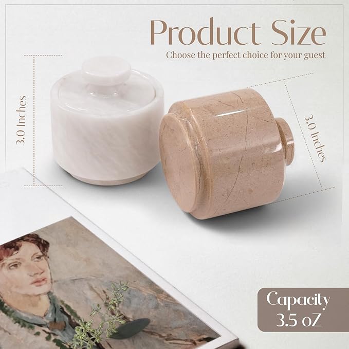 MARBLOUS KRAFTS Marble Salt Cellar with Lid 3" Inch White and Verona Sea Salt, Spices, and Seasonings Storage, Perfect for Kitchen Countertop, Dining Table, and Gift Giving,