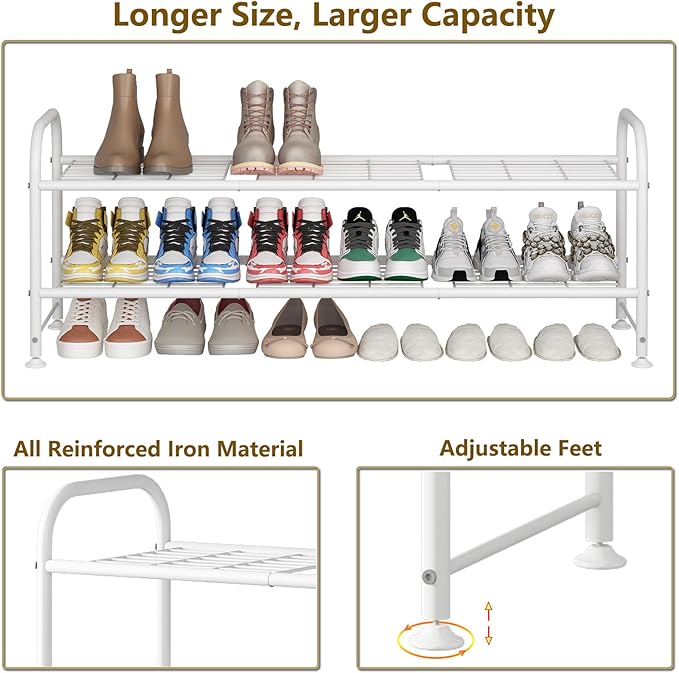 LINZINAR Shoe Rack Long 2 Tier Shoe Storage Organizer Metal Wide Shoe Shelf for Closet Entryway Bedroom 18 Paris Large Capacity, White