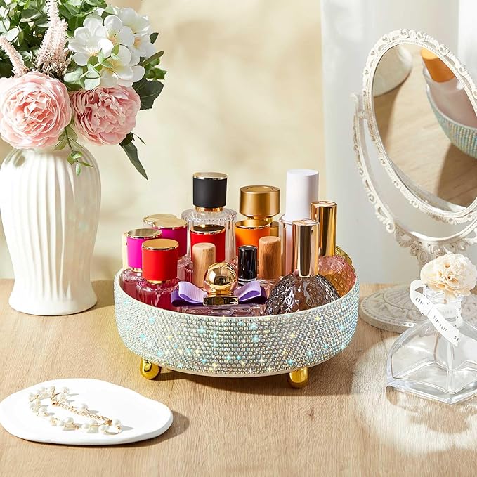 Honeydak White Bling Perfume Makeup Organizer Bling Mother's Day Nurses Day Gifts for Women Bathroom Organizers and Storage 360 Rotating Makeup Organizer for Countertop(Resin Stone)