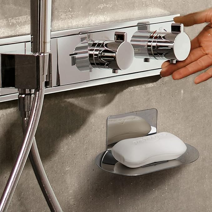 Stainless Steel Soap Tray - 3 Slot Self-Adhesive Wall Mounted Shower Soap Stand (Reflective Silver)
