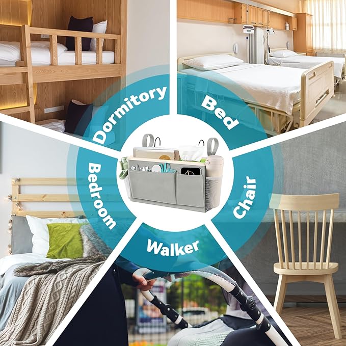 BlissTotes Bedside Caddy, Bedside Storage Organizer for Bunk Bed Accessories, Dorm Storage for Bedside Shelf and Bunk Bed Shelf, Bed Caddy for Home, Dorm, Bunk (Light Gray, 1 Pack)