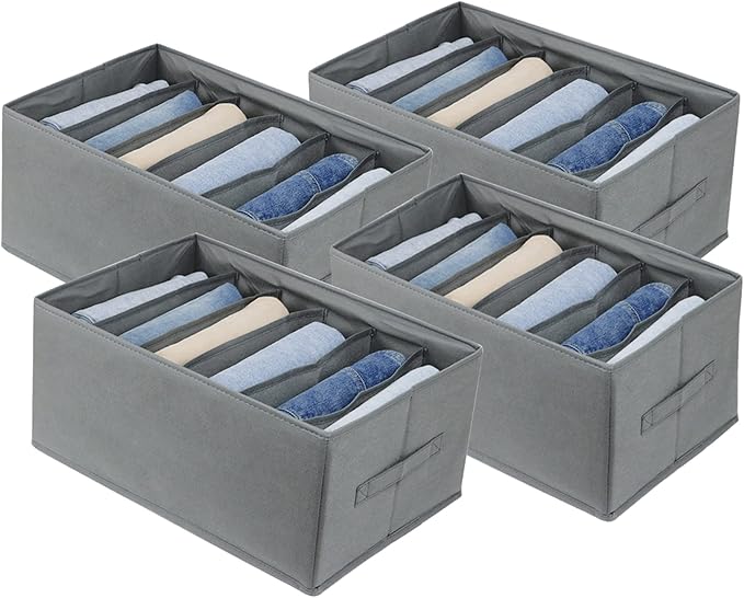 Fordonral Extra Large Clothes Closet Organizer 6 Compartments for Jean Sweater Sheets to Shirt - Divided Clothing Storage Boxes for Closet, Wordrobe, Bedroom, Shelf (4pc Gray)