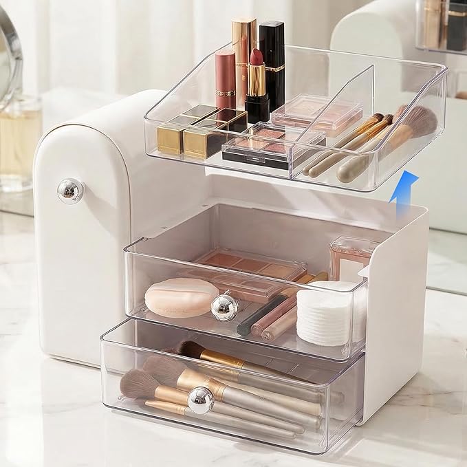 Makeup Organizer with Makeup Brush Holder, Vanity Organizer Large Cosmetic Display Cases, Skincare Organizers and Bathroom Countertop Organizer, Gifts for Women (White)