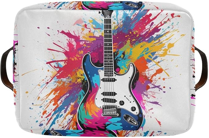 Storage Basket Colorful Guitar Painting Durable Canvas Collapsible Toy Box Organizer Bin with Handles for Shelf Closet Bedroom Home Office
