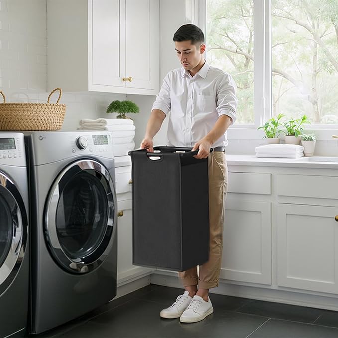 Herture Laundry Hamper with Shelf, Laundry Basket 4 Section, Laundry Sorter with Pull-Out Removable Large 4 Color Bags and Movable Wheels, Metal Frame, 4 x 15.87 Gallons (60L), Black PF07XLK