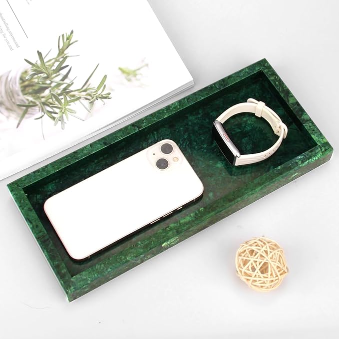 Marble Bathroom Vanity Tray,Luxury Natural Stone Small Decorative Tray,Soap Dispenser Dresser Top Perfume Home Kitchen Toilet Tank Sink Tray for Soap Bottles, Key Trinket Ring Tray(Green)