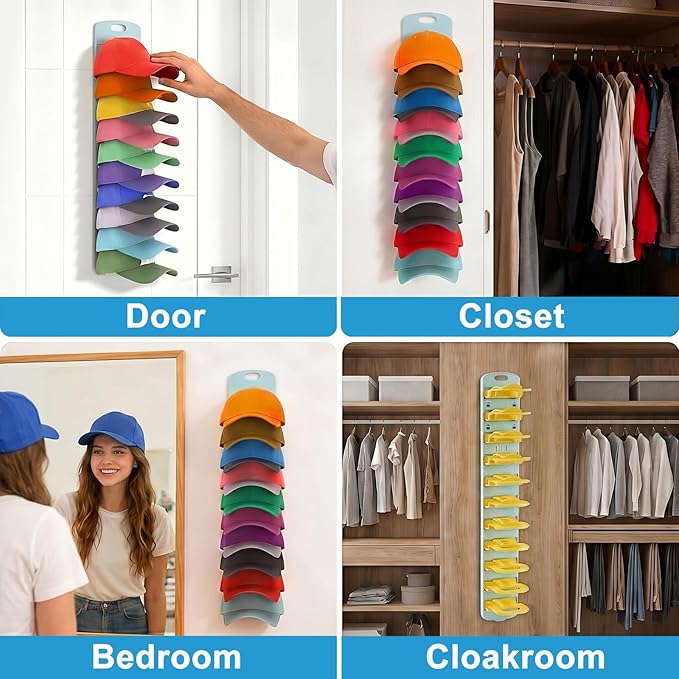 Hat Organizer for Baseball Caps 2 Pack, Detachable Hat Rack for Wall Hold up to 40 Hats, Dual Mounting Ways Universal Hat Holder for Closet, Door, Wall, Yellow