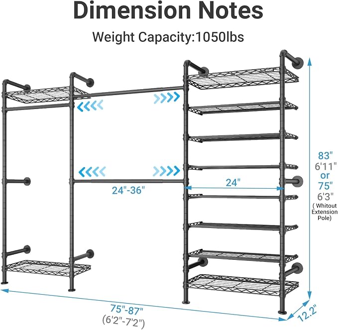 Timate S3 Wall Mounted Closet Organizer with Expandable Hanger Rods (24" to 36"), Heavy Duty Clothes Racks Industrial Wardrobe System with 8-Tier Shelves for Shoe Storage, Max Load 1050lbs, Black