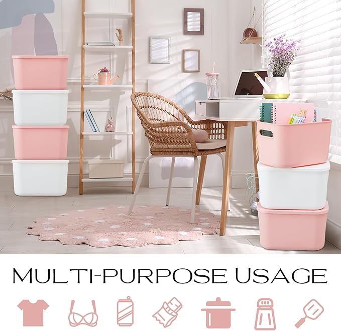 Hoolerry 8 Pieces Colorful Storage Bins with Lid, Plastic Storage Basket Organizing Container Stackable Box with Handle for Shelves Desktop Playroom Office(9.8 x 7.1 x 6.3 Inch,White and Pink)