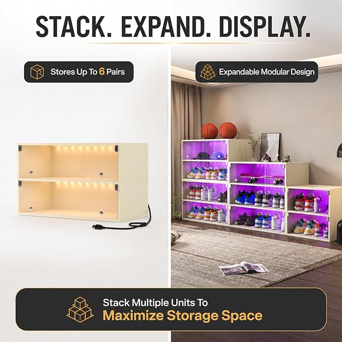 Sneaker Display Case with Lights featuring LED Intelligent Control Shoe Storage Box, Stackable LED Shoe Box Wood Shoe Display Case for Luxury Sneaker Storage (Beige 2-layer)