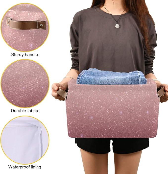 Rose Gold Sequins Storage Basket Bin, Large Cube Storage Box Canvas Collapsible Storage Organizer for Home Office Closet