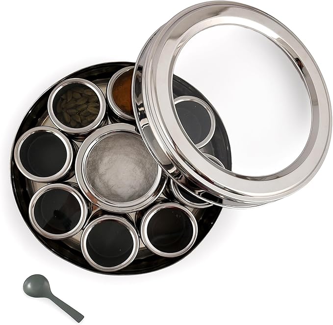 Elan Stainless Steel Masala Box | Spice Storage Container | Masala Dani With 9 Containers and Small Spoon | Masala Dabba For Kitchen See Through Lid | Kitchen Spice Organiser (Moss green)