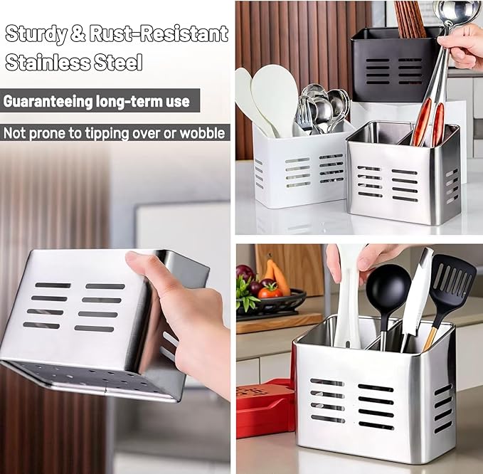 Stainless Steel Kitchen Utensil Holder for countertop, 2 Compartment Caddy & Organizer for Drying Cooking Spoons Utility Sturdy Home Kitchen Daily Use Utensil Drainer (Silver)