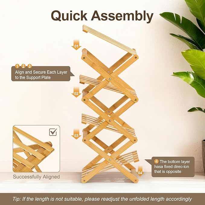 4-Tier Bamboo Small Shoe Rack Compact Foldable Free Standing Shoes Organizer for Front Door Entrance Garage Corridor Entryway and Living Room, Narrow Space-Saving Shoe Shelf, Natural
