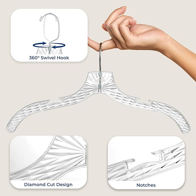 SereneLife 100 Pack Transparent Plastic Hangers, Crystal Clear, Non-Slip with Notched Shoulders, Ultra-Thin Space Saving, Closet & Retail Use, with Swivel Hook for Clothes, Shirts, Dresses, Jackets
