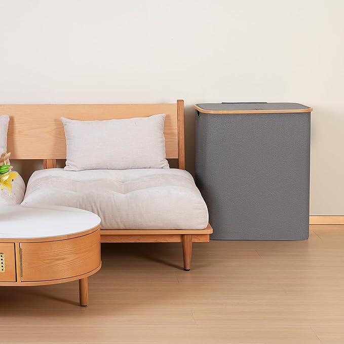 iEGrow 150L Laundry Hamper with Lid-Large Laundry Basket with Bamboo Handles, Grey Hampers for Laundry, Dirty Clothes Hamper with 2 Removable Inner Bags for Clothes Towels