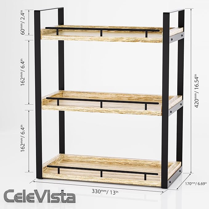 Bathroom Counter Organizer, 3 Tier Wood Countertop Shelf for Vanity, Skincare, Makeup, Kitchen Coffee and Sink Storage, with Durable Metal Bracket (Rustic Brown)