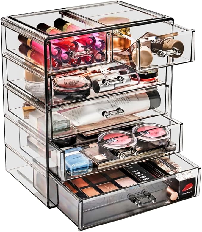 Sorbus Acrylic Makeup Organizer Set, 6-Drawer Vanity & Countertop Cosmetic Storage with Small & Wide Drawers, Black Jewel Makeup Storage for Brushes, Lipsticks, Jewelry, Holiday Gift for Women & Teens