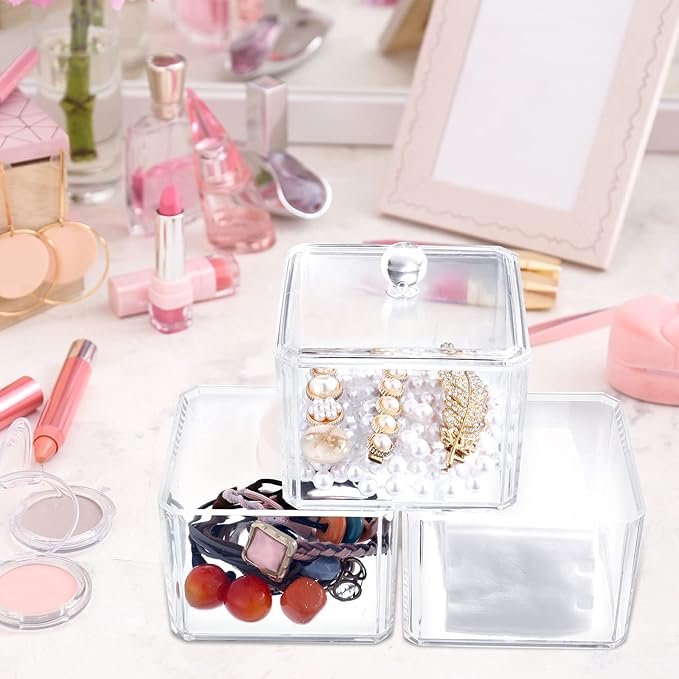 Reginary 9 PCS Hair Accessories Stackable Organizer Holder Storage with Lids Acrylic Clear Hair Tie Organizer Bathroom Bow Containers for Girls Headband Scrunchie Makeup Accessory Organizing